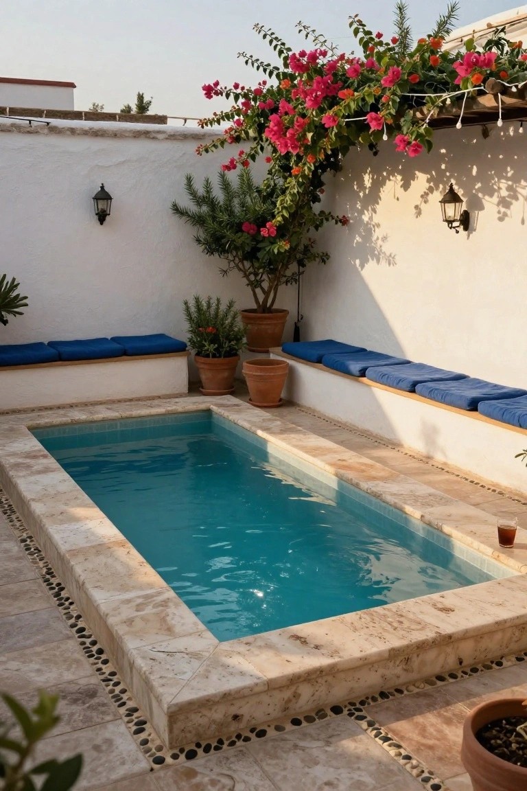 15 Clever Pool Ideas for Small Yards That Maximize Space Small rectangular turquoise pool in a white-walled courtyard with built-in benches topped by blue cushions, surrounded by terracotta pots, rosemary plants, and bougainvillea vines overhead.