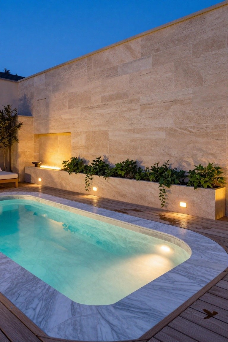 15 Clever Pool Ideas for Small Yards That Maximize Space Small rectangular turquoise pool with white marble edging on wooden deck against beige stone walls with integrated green planters, low lighting, and a fire feature at dusk.