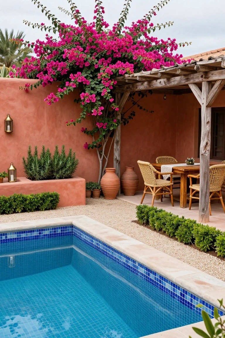 Backyard pool with blue mosaic tiling and beige stone surround, wooden pergola overhead covered in pink bougainvillea flowers against pink adobe walls, outdoor dining table with rattan chairs, terracotta pots, and rosemary plants.