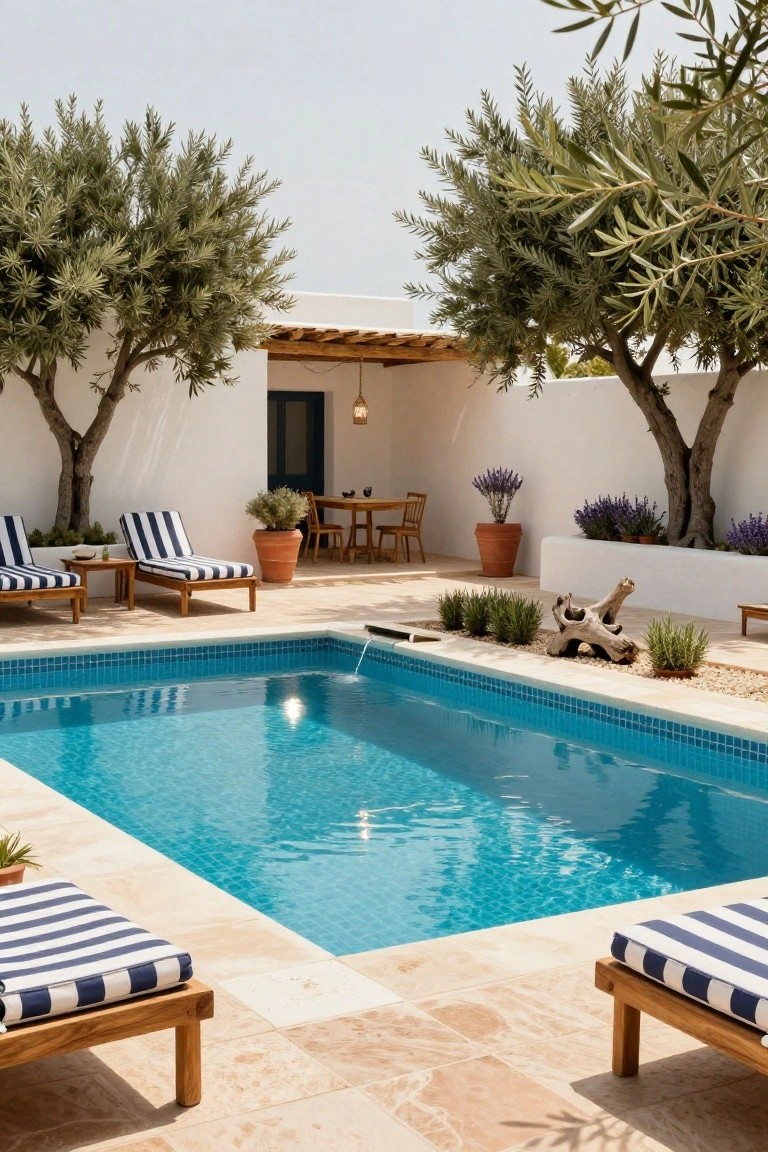 Rectangular turquoise mosaic pool with beige travertine decking, blue-and-white striped wooden loungers on both sides, white stucco walls with olive trees, lavender pots, grasses, driftwood, and a small dining table in a sunny courtyard.