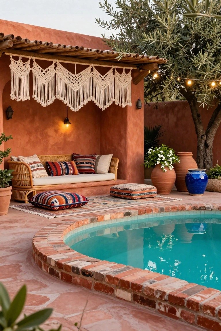 Terracotta alcove with rattan sofa, colorful cushions and pillows, macrame hangings, potted plants, olive tree, string lights, and curved turquoise pool on brick-edged patio.