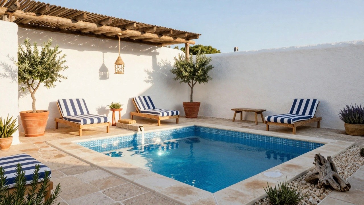 Rectangular turquoise mosaic pool with beige travertine decking, blue-and-white striped wooden loungers on both sides, white stucco walls with olive trees, lavender pots, grasses, driftwood, and a small dining table in a sunny courtyard.