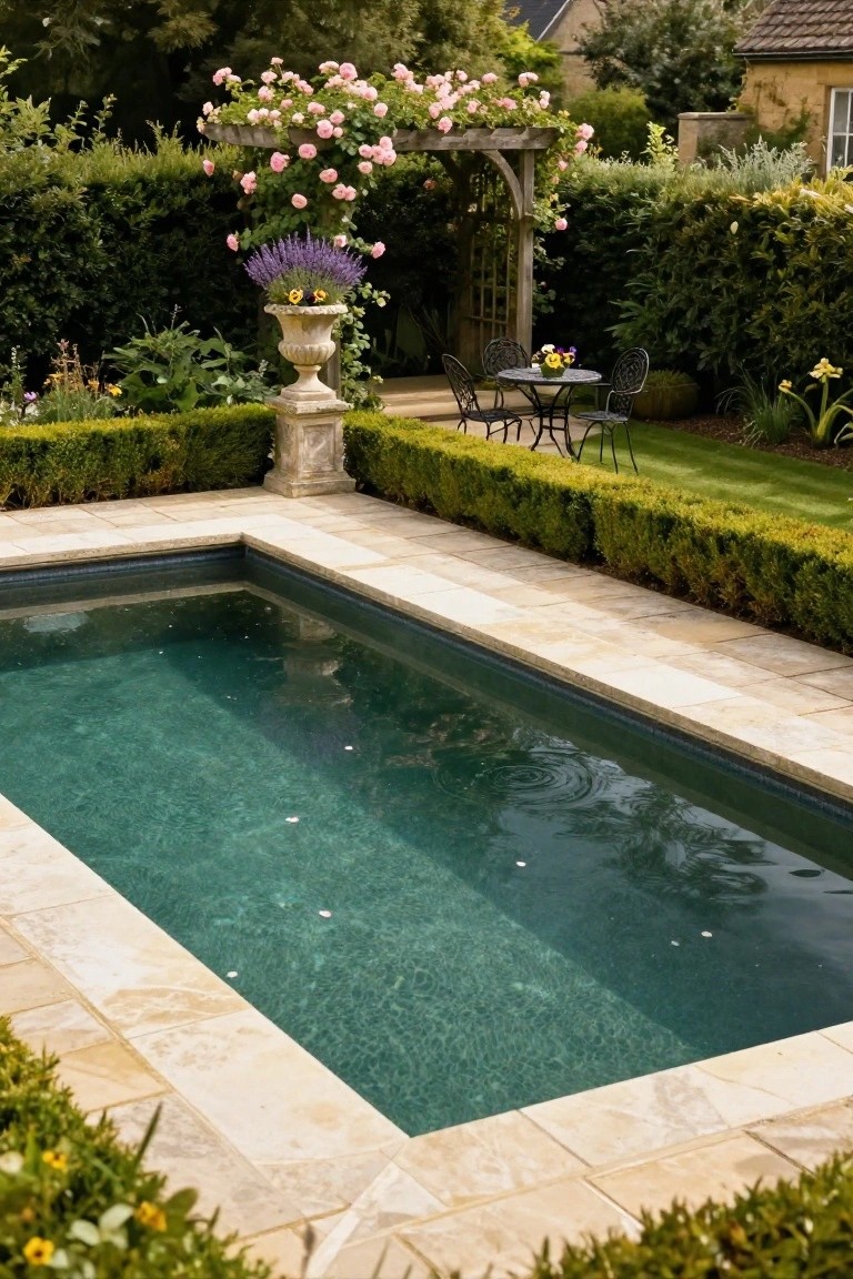 Rectangular in-ground pool with turquoise water edged by low boxwood hedges on a beige stone deck, surrounded by taller hedges, a stone urn with lavender, rose-covered arbor, and small metal bistro table and chairs in a formal garden.
