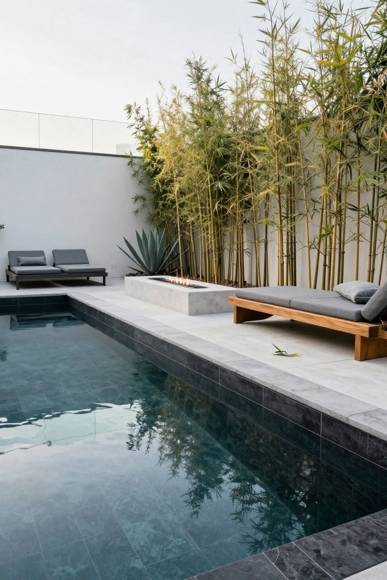 Long narrow pool with dark green-blue tiles and black edge, white concrete deck, linear white fire pit with flames, gray cushioned metal loungers, wooden daybed, agave plant, fallen leaf, and tall bamboo screen against white wall with glass railing.