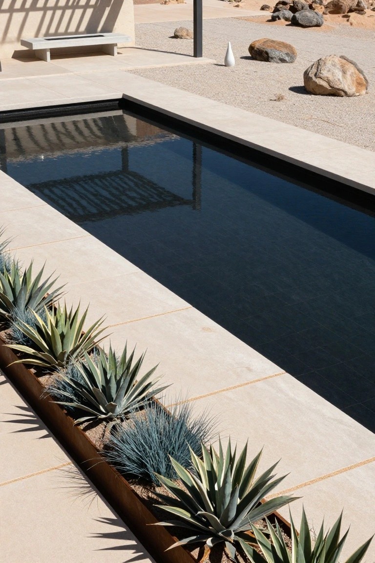 A narrow black pool bordered by a long corten steel trough planter filled with agave plants and blue grasses, set into beige stone paving with scattered desert rocks nearby.