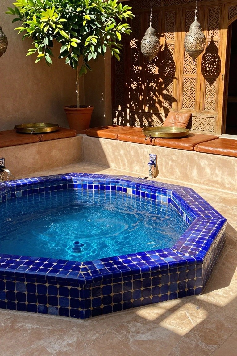 Octagonal hot tub with blue mosaic tiles in a courtyard surrounded by built-in tan benches, a potted green tree, brass trays, hanging metal lanterns, and carved wooden screens.