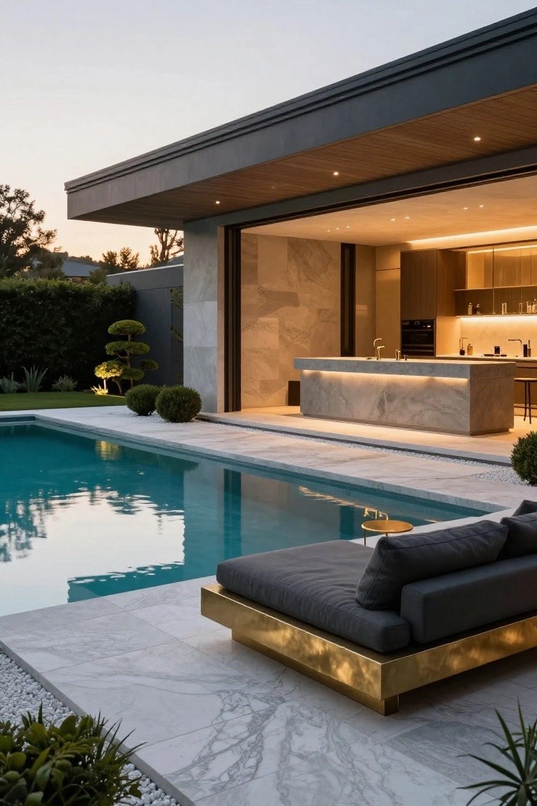 Modern home with floor-to-ceiling glass doors open to reveal a light kitchen, adjacent to an infinity-style pool on a white marble deck with a low gold daybed, bonsai trees, and pebble accents.