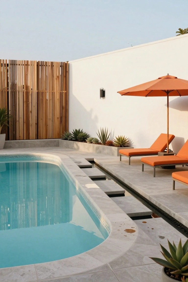 Turquoise pool with curved mosaic-tiled edges and integrated steps, surrounded by light gray deck tiles, two orange lounge chairs, orange umbrella, wooden slat fence, white wall, and potted succulents.