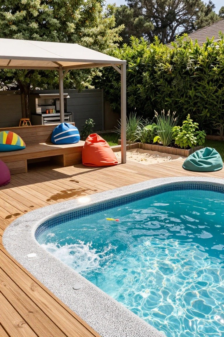 Curved blue mosaic pool edged by wooden deck with scattered colorful bean bag chairs, a wooden bench under a white fabric pergola, nearby barbecue, potted plants, and surrounding greenery.
