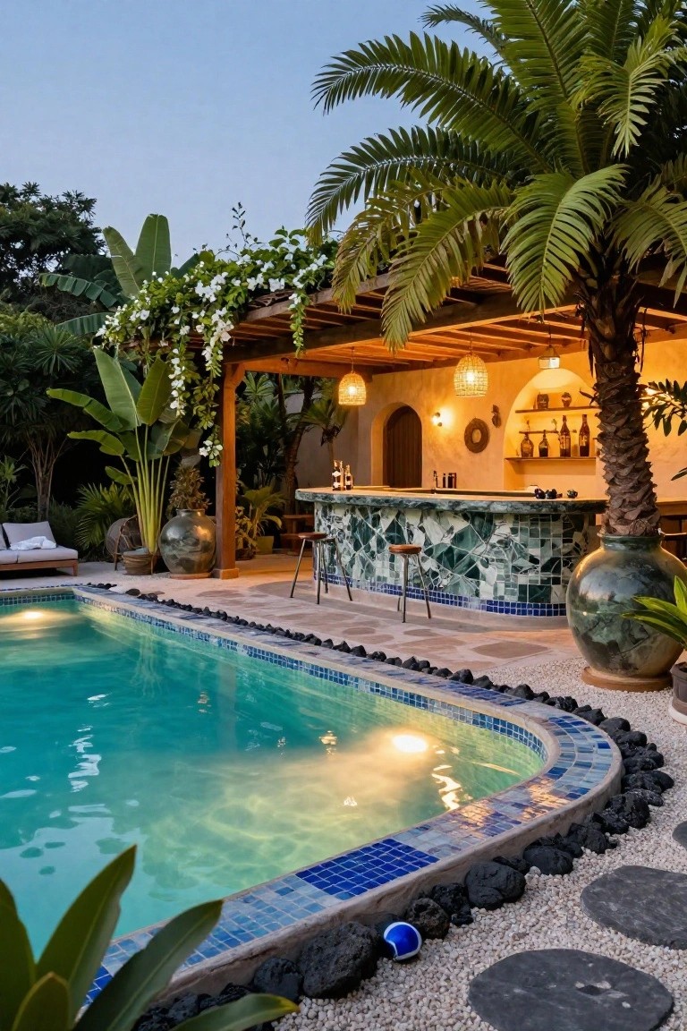 Turquoise pool with blue tile edging next to a curved green-tiled bar under a wooden pergola with lanterns and hanging vines, surrounded by palm trees, large pots, and black lava rocks at dusk.
