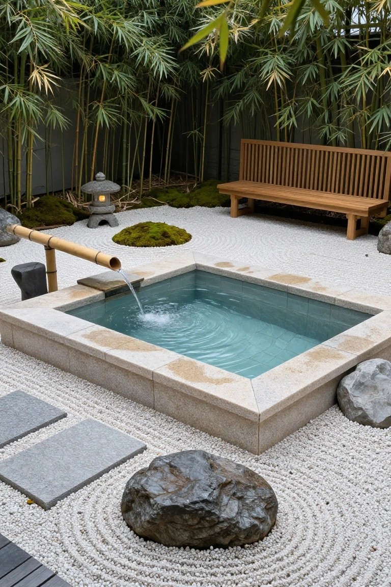 Rectangular turquoise pool in a beige stone basin filled by water from a bamboo pipe on a black stump, surrounded by white raked gravel, large gray rocks, moss patches, stone lantern, wooden slat bench, and bamboo plants against a fence.