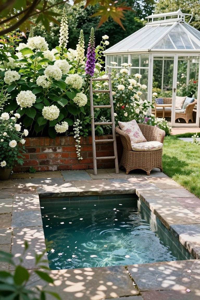 Small turquoise-tiled plunge pool sunken into a stone patio, with a wooden ladder against a brick wall, surrounded by white hydrangeas, foxgloves, and roses, a wicker chair nearby, and a greenhouse visible in the background.