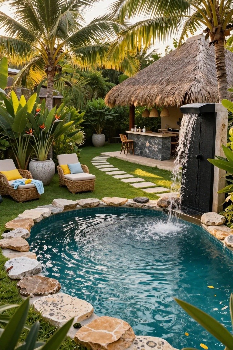 Curved turquoise plunge pool edged with natural stones, featuring a waterfall from a black wall next to a stone bar, lounge chairs on grass, and tropical plants in a backyard setting.