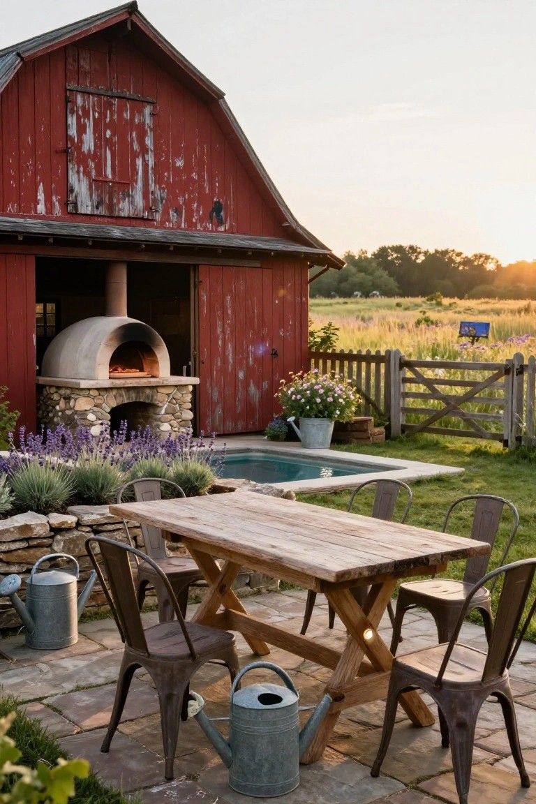 Weathered red barn with open side revealing a stone-built pizza oven, small rectangular turquoise plunge pool nearby, wooden dining table with metal chairs on stone patio, lavender plants, metal watering cans, picket fence, and fields at sunset.
