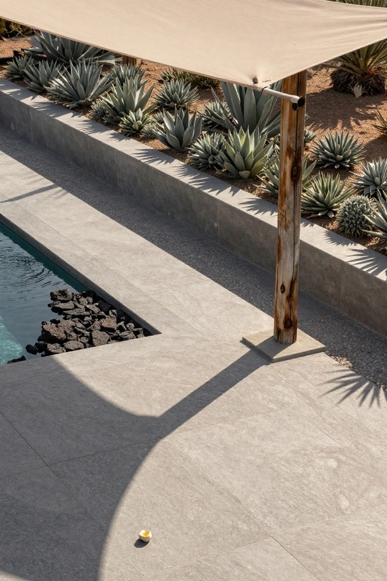 Overhead view of a turquoise pool with black rock edging, gray concrete decking casting a large shade shadow from a beige fabric canopy on a wooden post, bordered by rows of blue-green agave plants in a raised concrete bed with gravel accents.