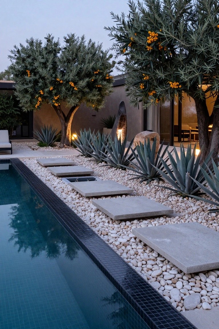 Swimming pool with black tile edge bordered by white pebbles, square concrete stepping stones, and a linear row of agave plants, with olive trees, agave accents, landscape lights, and a modern house wall in the background at dusk.