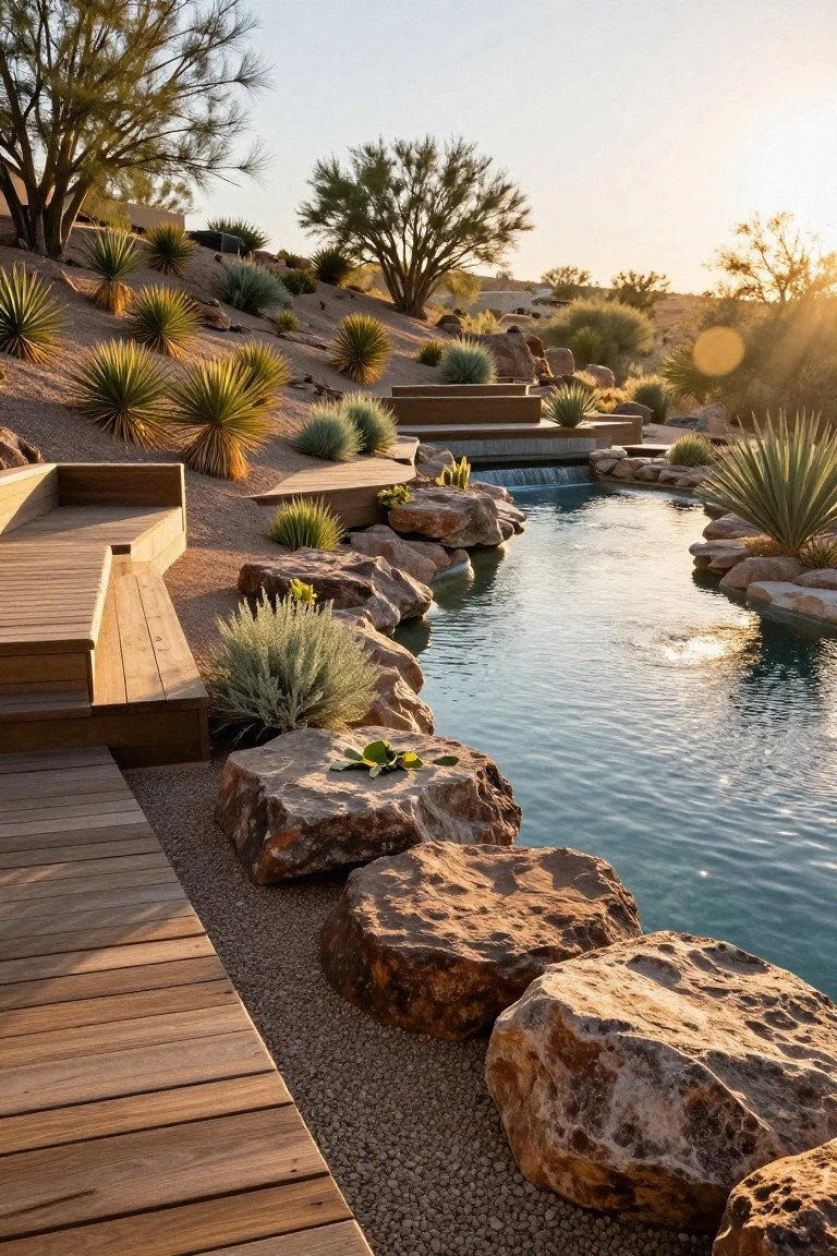 Wooden deck platforms and steps border a narrow pool edged with large boulders, desert plants, and gravel in a rocky Arizona hillside landscape at sunset.