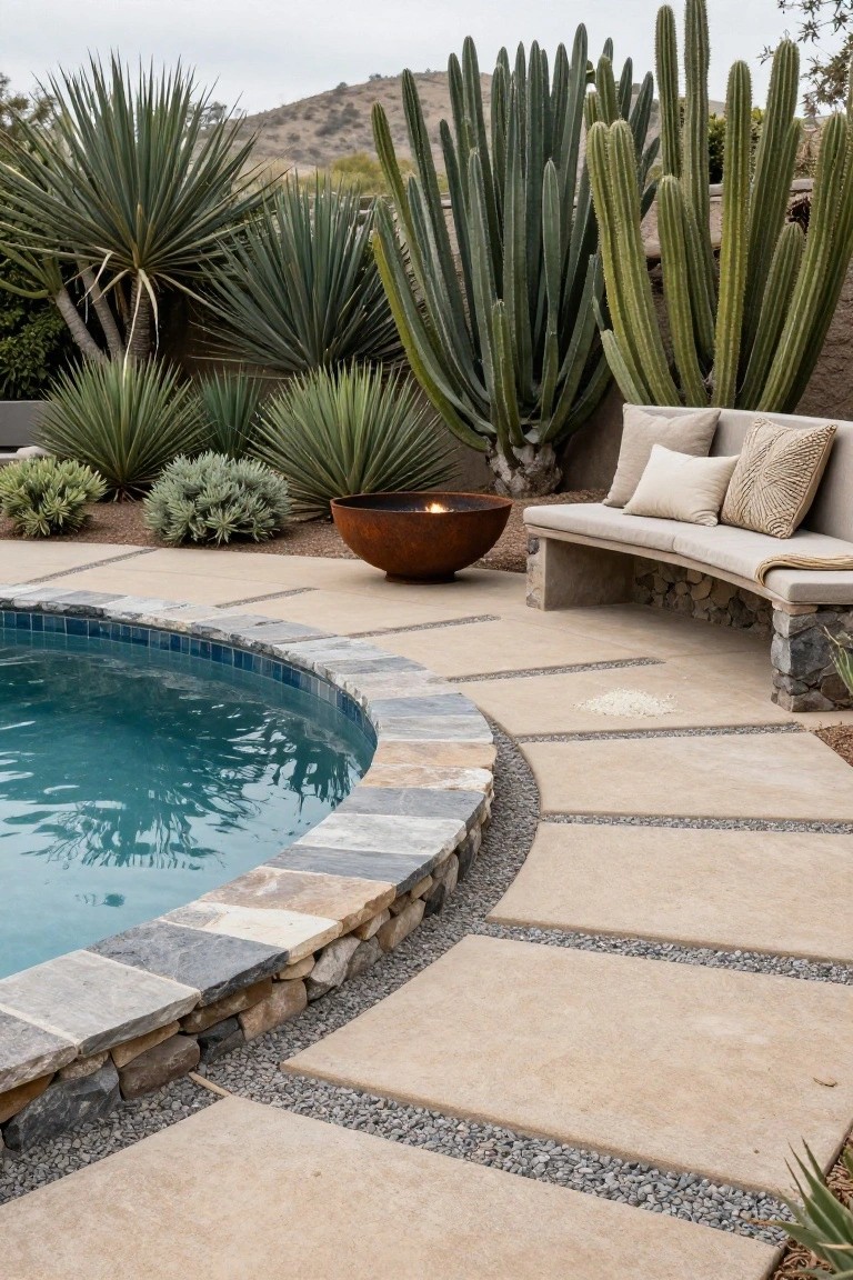 Curved turquoise pool with beige stone coping on a light concrete deck, featuring a large rusted metal fire bowl with flames nearby, surrounded by tall cacti, agave plants, gravel beds, and a built-in bench seat against a stucco wall.