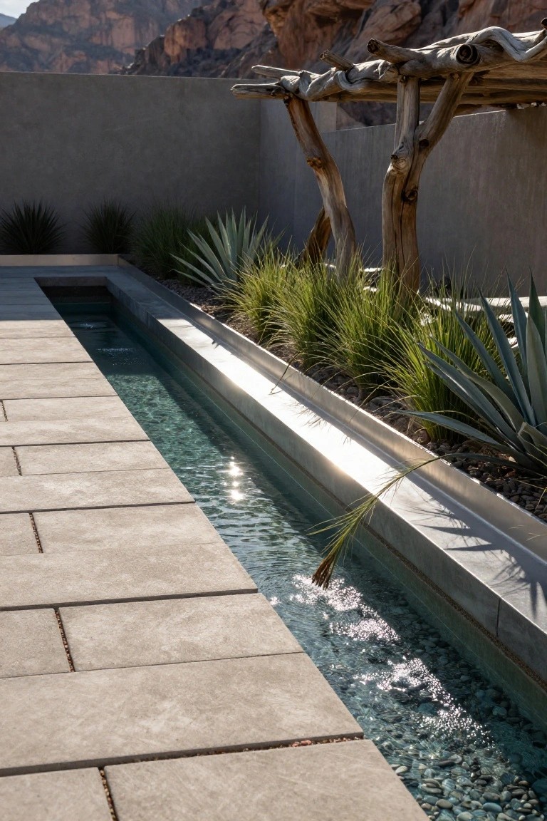 A narrow rectangular pool with clear water runs parallel to a concrete walkway, bordered by agave plants, grasses, and pebbles, set against a concrete wall and desert mountains.