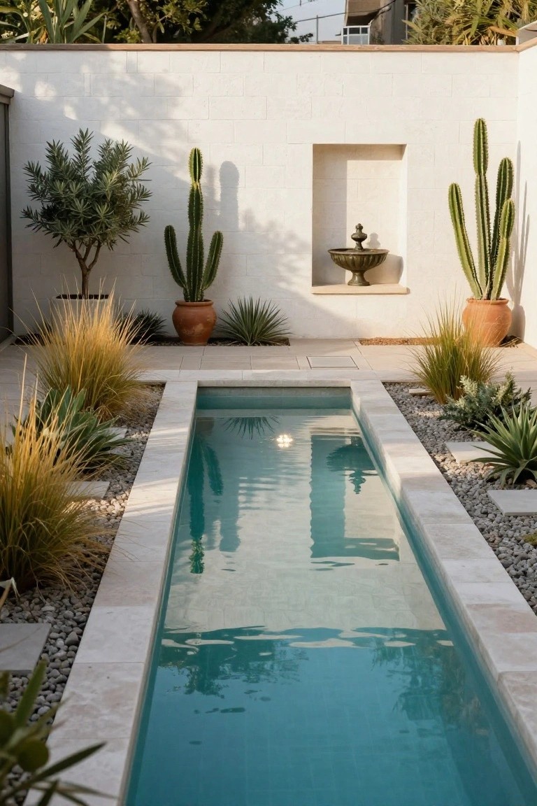 Narrow rectangular swimming pool with clear blue water, edged in beige stone and surrounded by drought-tolerant plants including tall cacti, agaves, grasses, and gravel mulch against white stucco walls.