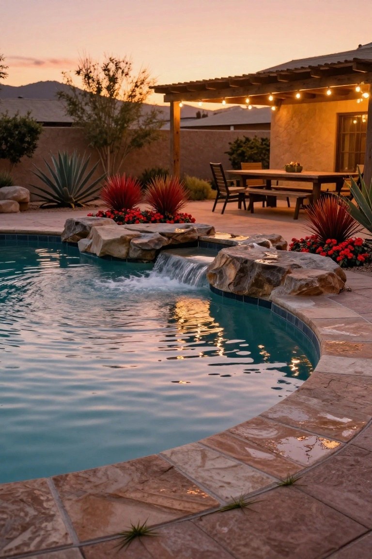 Curved turquoise pool with natural stacked boulder waterfall at the edge, surrounded by agave plants, red yucca, and rocks, next to a covered outdoor dining area at sunset.