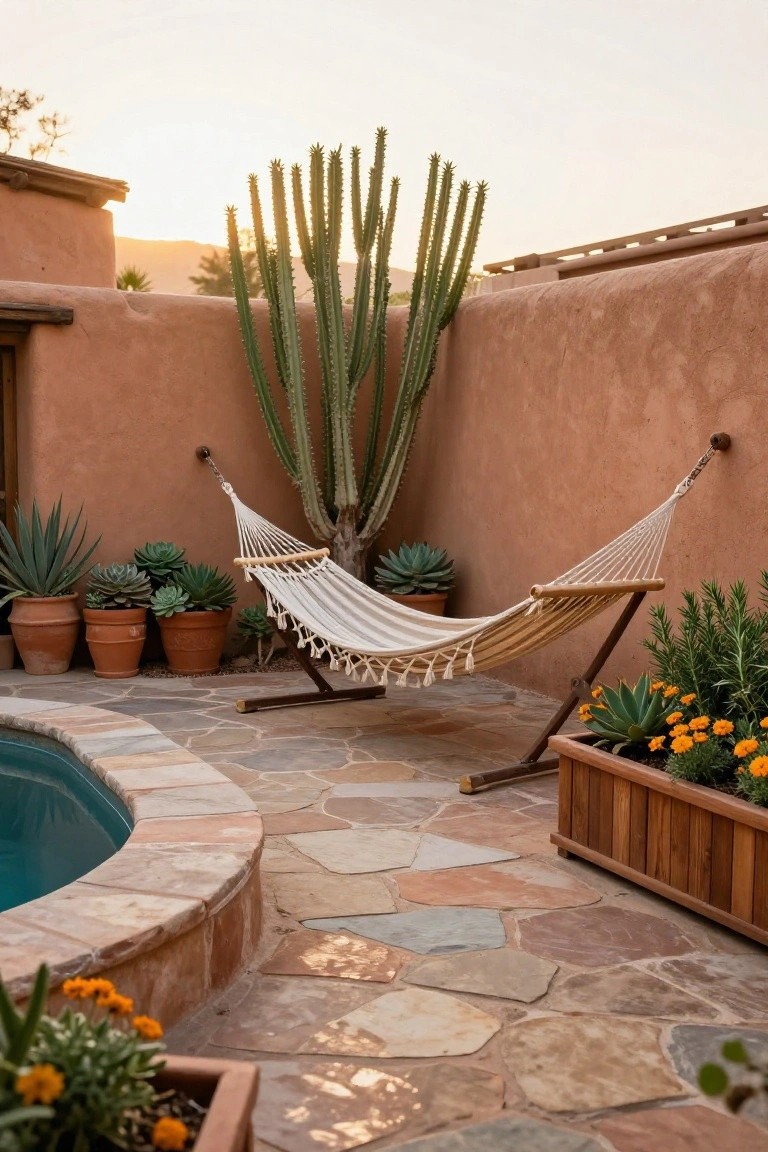 White hammock on wooden stand next to adobe walls and tall cacti, with potted succulents and stone pavers around a pool edge.