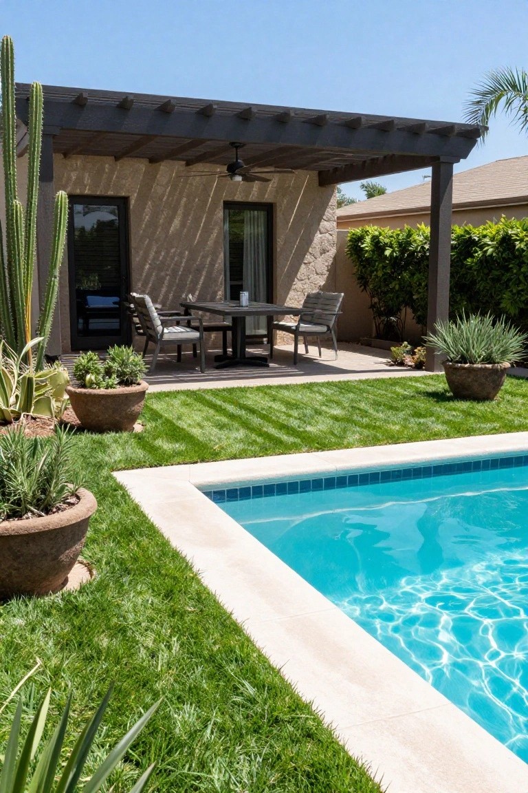 Backyard swimming pool with clear blue water, bordered by striped green lawn and large terracotta pots holding agave, cacti, and other succulents, next to a shaded patio under wooden pergola with teak dining table and chairs against stucco house wall.