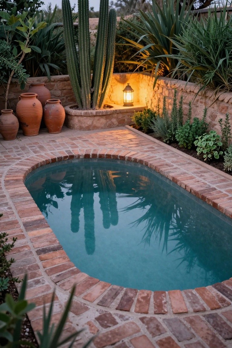 Small oval turquoise pool with brick surround and paving in a courtyard garden featuring tall cacti, terracotta pots, stone walls, succulents, and a lit lantern at dusk.