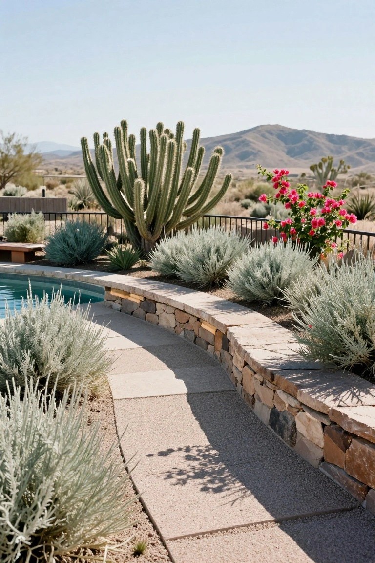 Curved swimming pool edged by a low dry-stacked stone retaining wall densely planted with silvery gray shrubs and backed by tall cacti in a desert landscape.