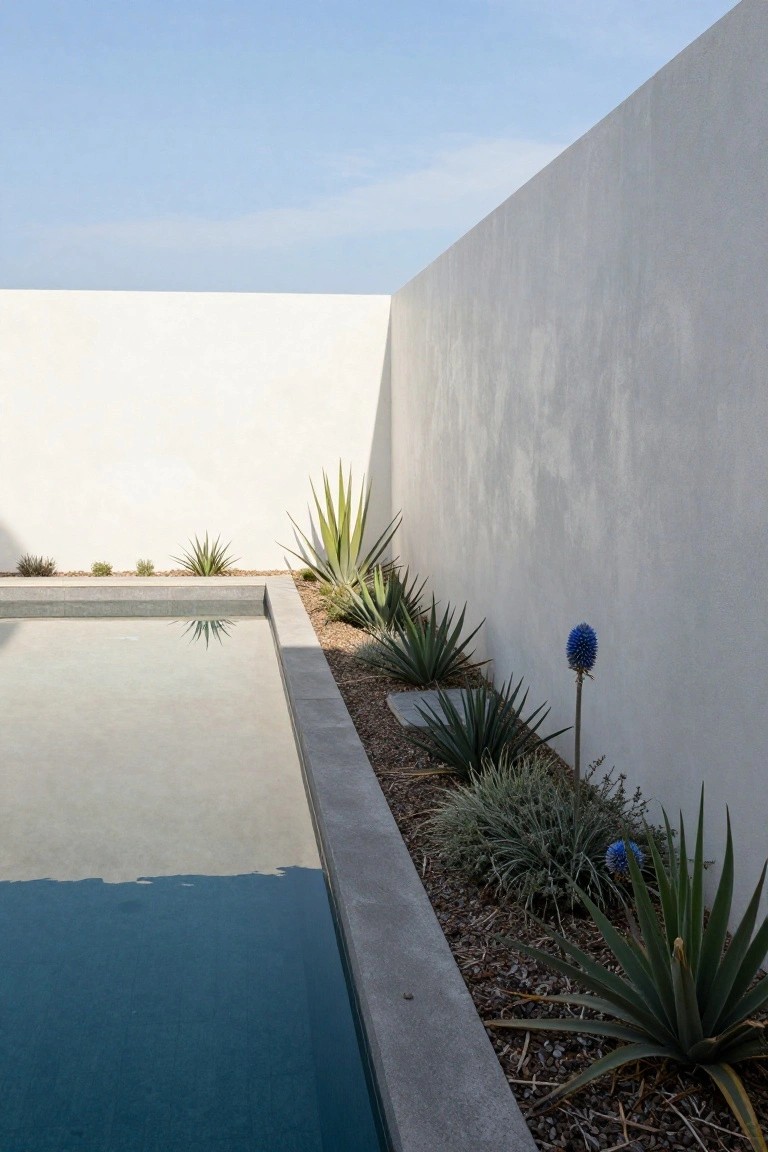 A rectangular pool with concrete edging and gravel-mulched beds planted with agaves, blue agave blooms, and other succulents along the edge next to a tall white stucco wall under a clear blue sky.
