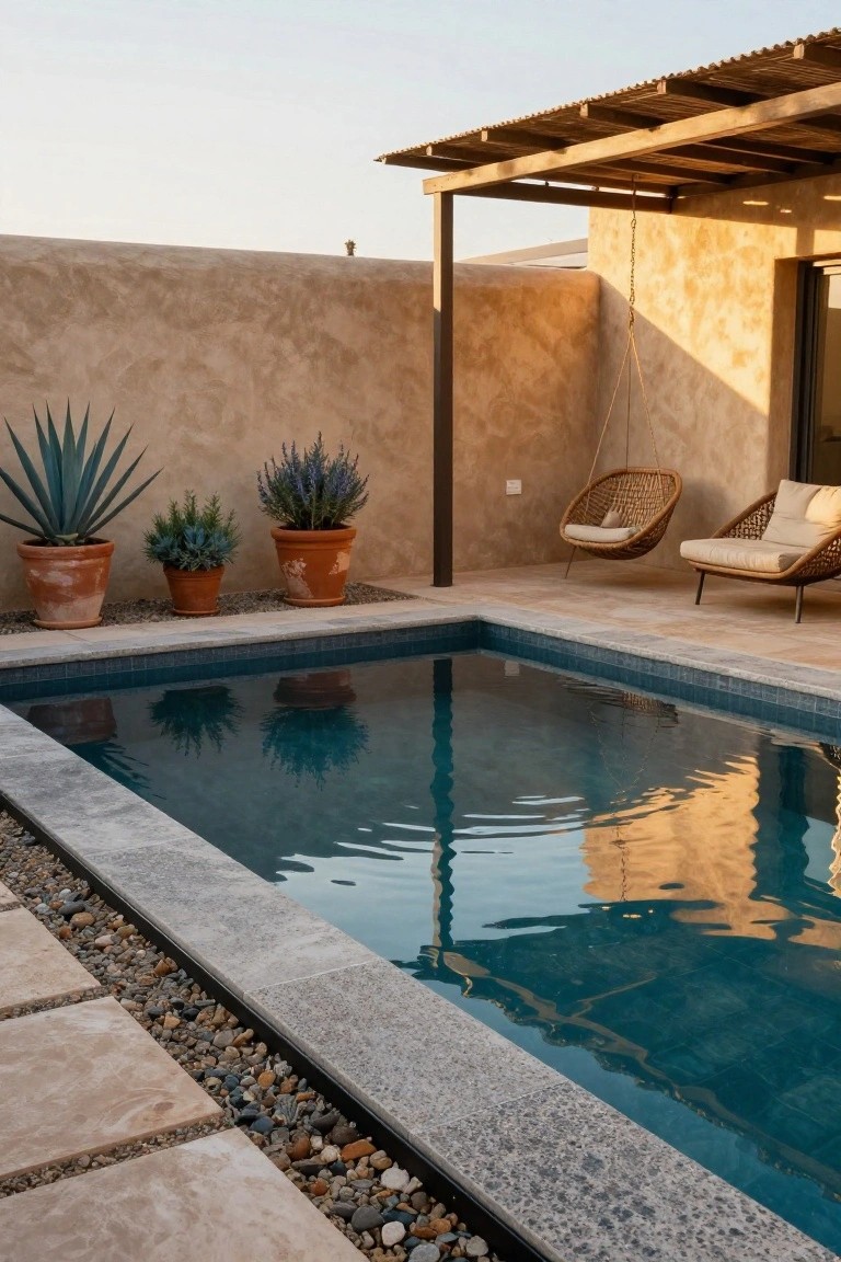 Small rectangular pool with dark blue tiles and gray stone edging, surrounded by terracotta pots of agave, lavender, and succulents, gravel border, stone pavers, and rattan hanging chairs under a wood pergola against textured adobe walls.