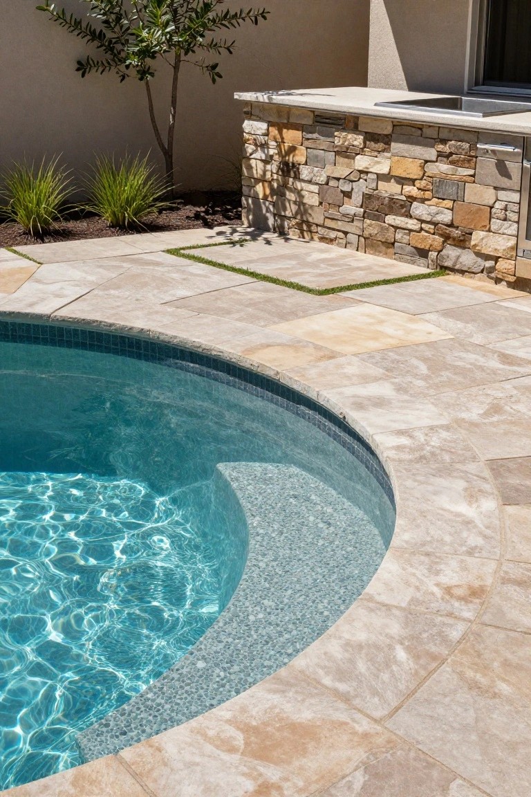 Curved pool edge with turquoise water and pebble tanning step, surrounded by beige travertine pavers, adjacent stone bar counter with sink, olive tree, ornamental grasses, and a thin grass strip in a modern outdoor patio.