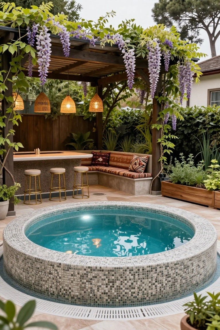 15 Fun Pool Ideas With Jacuzzi Vibes for Ultimate Comfort Round mosaic-tiled hot tub adjacent to a wooden bar counter with beige stools and a cushioned bench under a wisteria-covered pergola, surrounded by greenery and potted plants on a tiled patio.