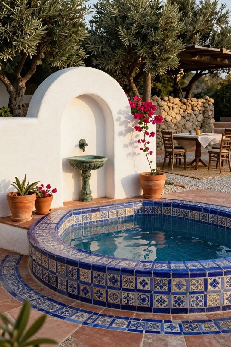 15 Fun Pool Ideas With Jacuzzi Vibes for Ultimate Comfort Round blue-tiled hot tub in an outdoor patio with white stucco arched wall, green fountain, potted plants, olive trees, stone wall, and nearby wooden dining table on gravel.