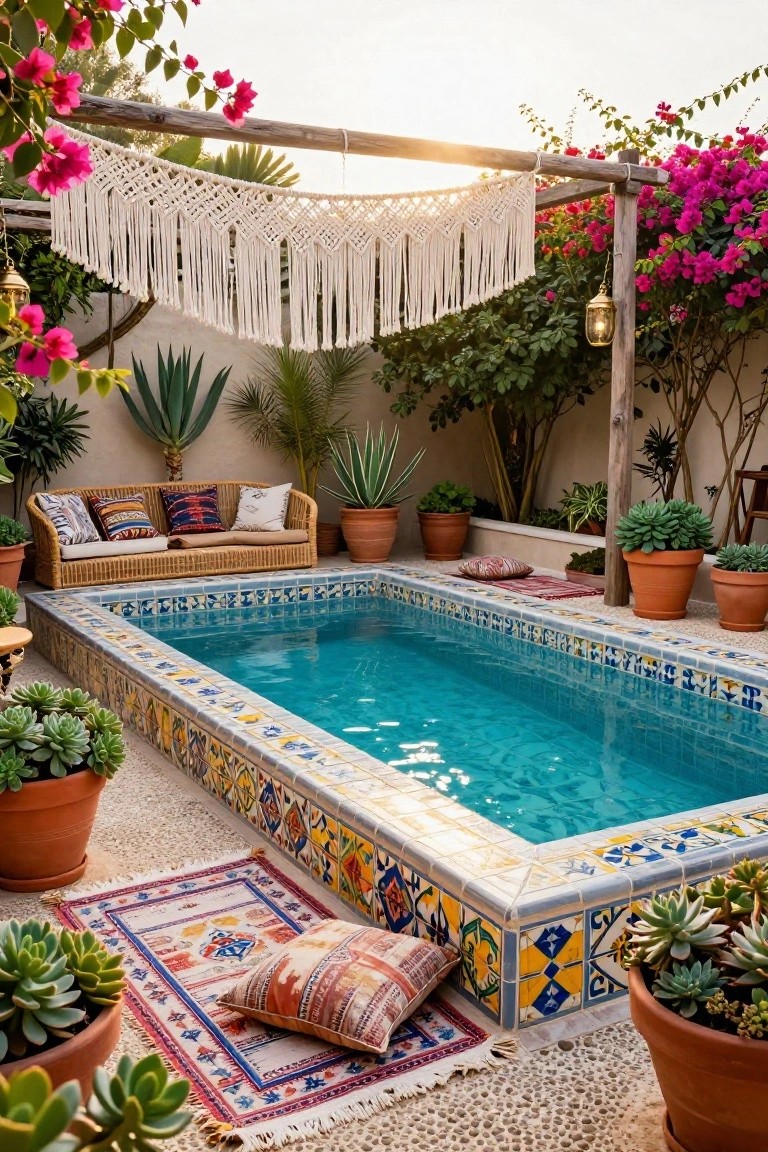 15 Fun Pool Ideas With Jacuzzi Vibes for Ultimate Comfort Rectangular turquoise pool with colorful blue, yellow, and white ceramic tile borders in a courtyard surrounded by potted plants, rattan sofa with pillows, woven rugs, macrame hangings, wooden pergola, and lush greenery.