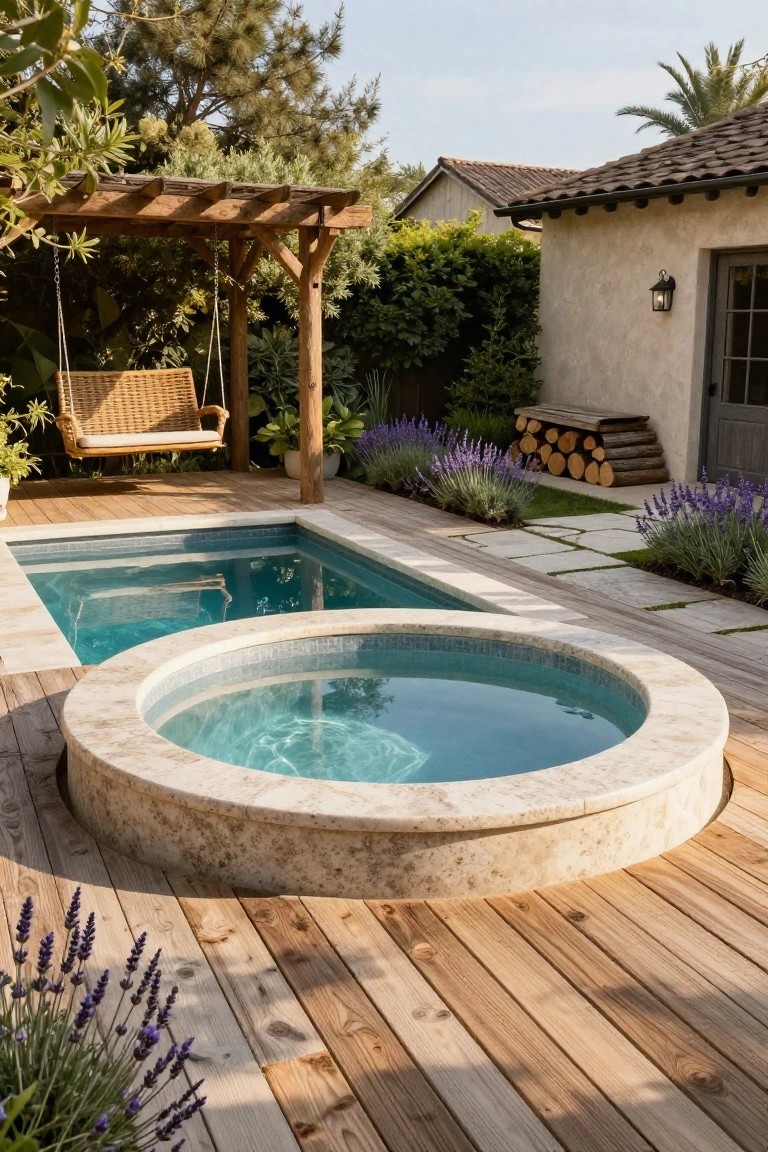 15 Fun Pool Ideas With Jacuzzi Vibes for Ultimate Comfort Wooden deck with small turquoise rectangular plunge pool adjacent to circular stone-rimmed jacuzzi, lavender plants along edges, hanging wicker swing under pergola, and stucco building nearby.
