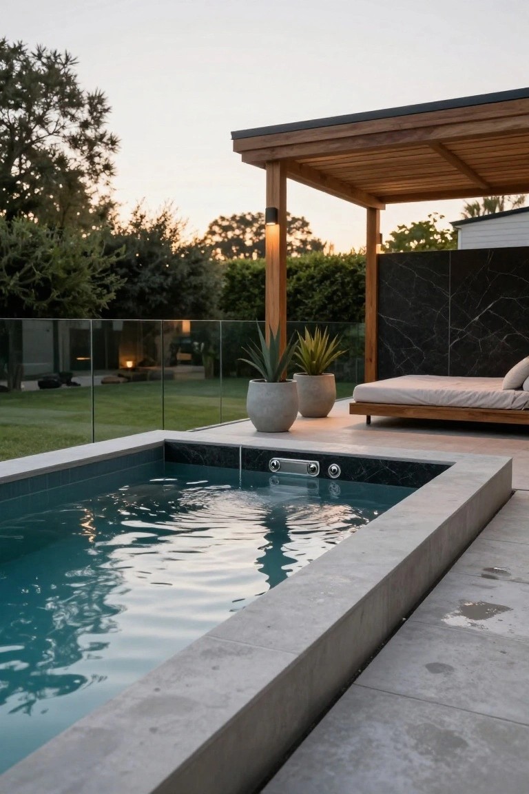 15 Fun Pool Ideas With Jacuzzi Vibes for Ultimate Comfort Small rectangular turquoise pool with black marble-like tiled edges and jacuzzi spillover jets, adjacent to wooden pergola with beige daybed, potted agave plants, glass pool fence, and grassy yard at dusk.