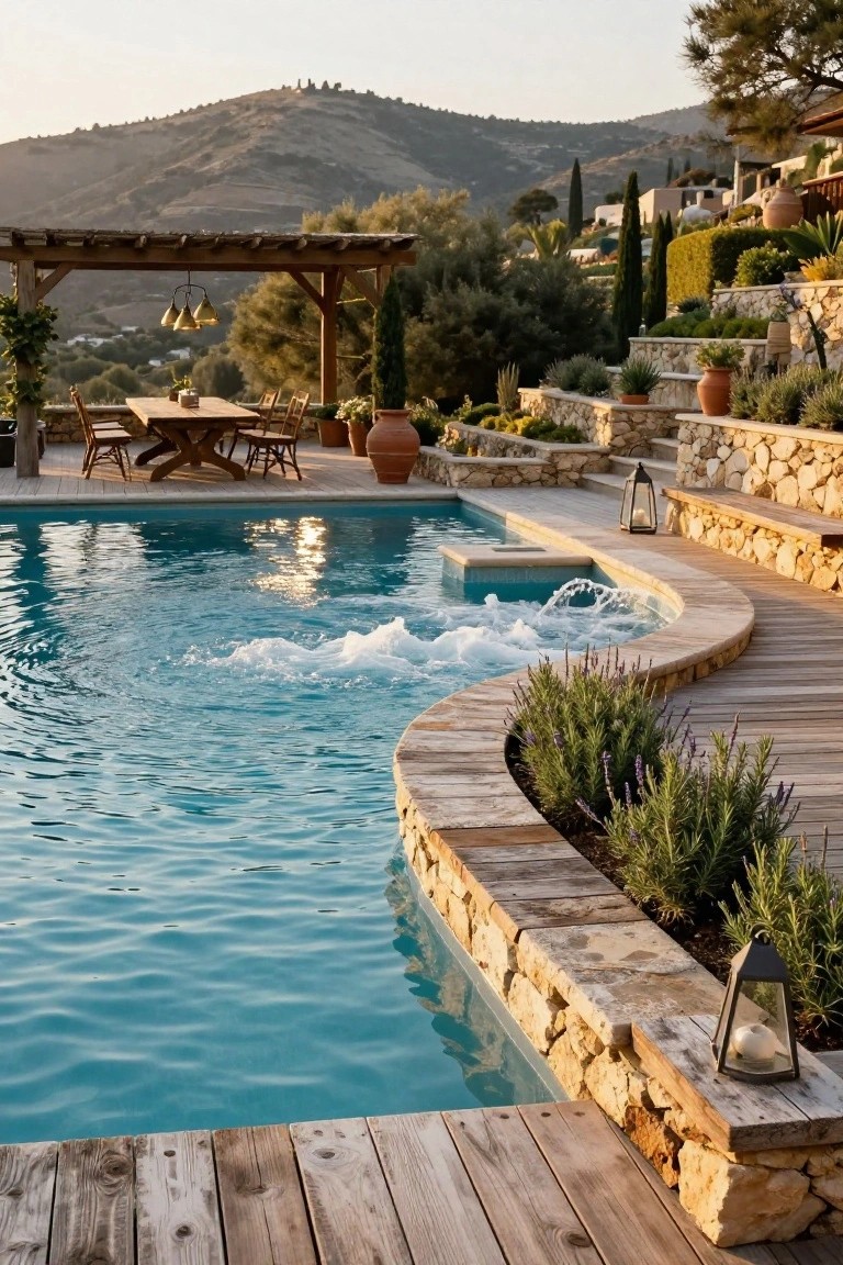 15 Fun Pool Ideas With Jacuzzi Vibes for Ultimate Comfort Curved turquoise pool with bubbling jacuzzi jets along the stone edge, wooden deck pathway, lavender plants in stone planters, and nearby pergola with dining table amid rocky landscaping and hills.