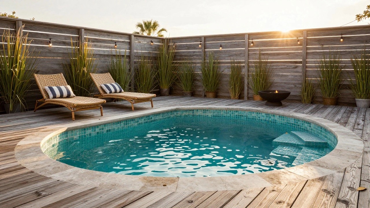 Small curved turquoise mosaic-tiled pool on a wooden deck surrounded by a weathered wooden fence strung with lights, two striped rattan lounge chairs with cushions, potted grasses, and a black fire pit nearby.