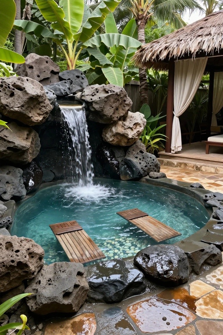 15 Fun Pool Ideas With Jacuzzi Vibes for Ultimate Comfort Small circular turquoise pool with lava rock waterfall cascading into it, two wooden benches floating in the water, surrounded by tropical plants, stones, and a thatched roof pavilion.