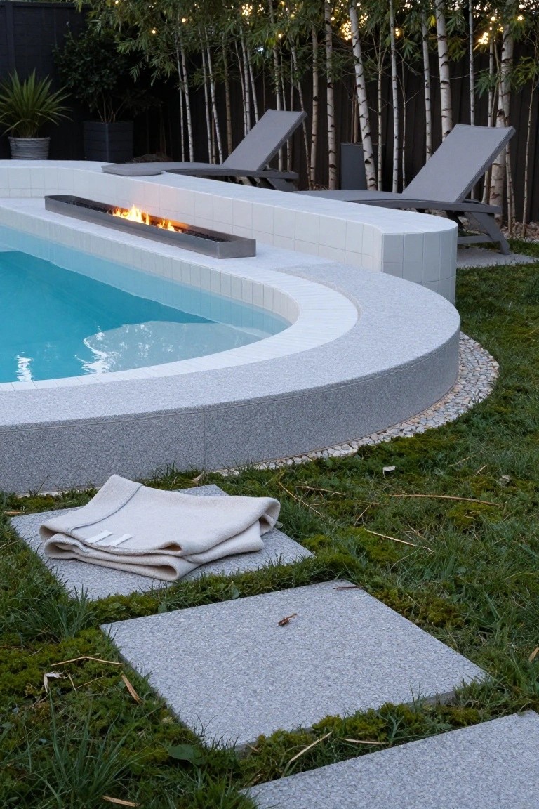15 Fun Pool Ideas With Jacuzzi Vibes for Ultimate Comfort Curved turquoise pool with linear stainless steel fire trough along white tiled edge, gray loungers nearby, concrete curbing, pebble border, and birch trees against a dark fence.