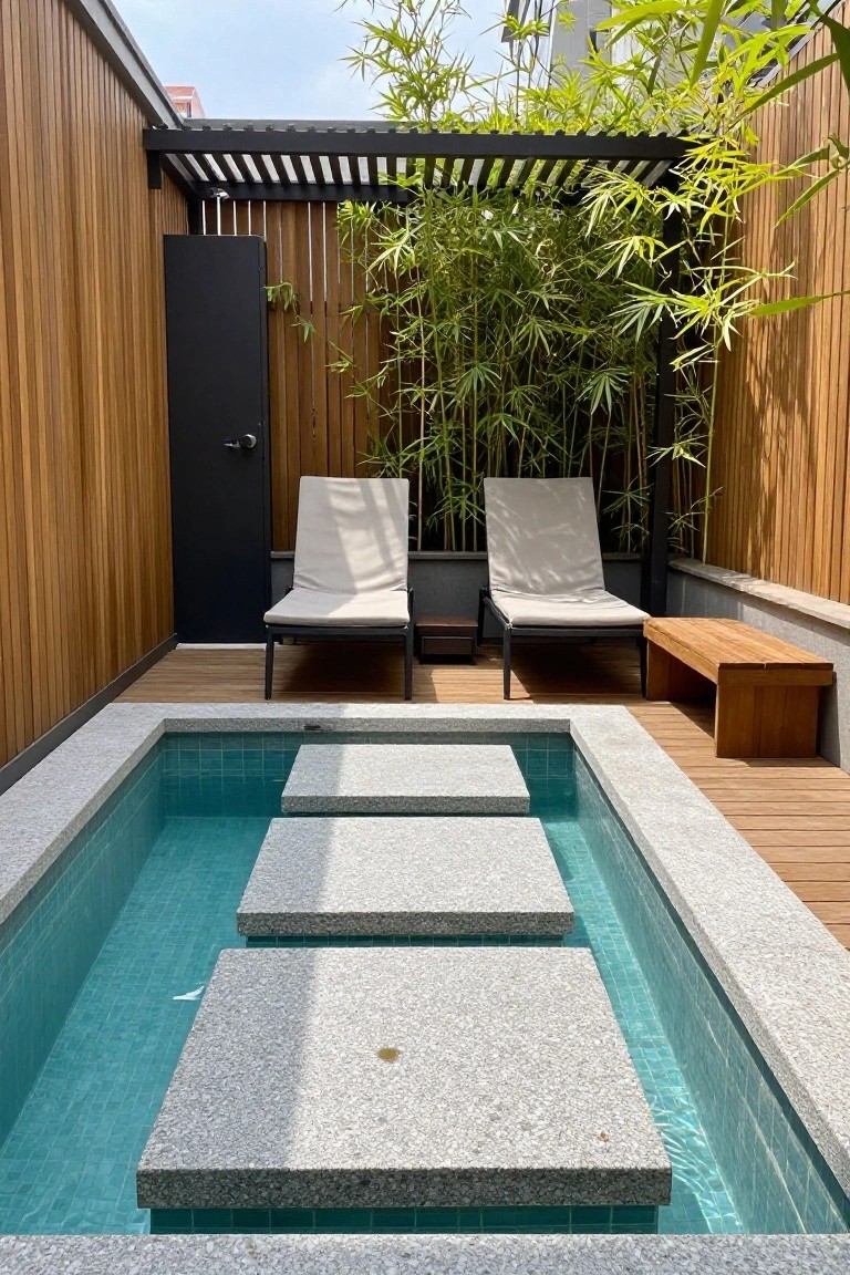 15 Fun Pool Ideas With Jacuzzi Vibes for Ultimate Comfort Small turquoise-tiled rectangular plunge pool in a wooden-decked outdoor courtyard enclosed by bamboo screens and wood walls, featuring large gray granite slabs as steps over the water, two beige lounge chairs, a wooden bench, and an outdoor shower.