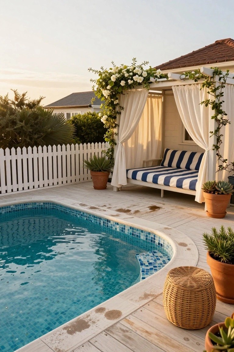 15 Fun Pool Ideas With Jacuzzi Vibes for Ultimate Comfort White pergola covered in climbing roses next to an L-shaped turquoise-tiled pool, with a striped daybed inside draped in sheer curtains, potted plants, and a white picket fence in the background.