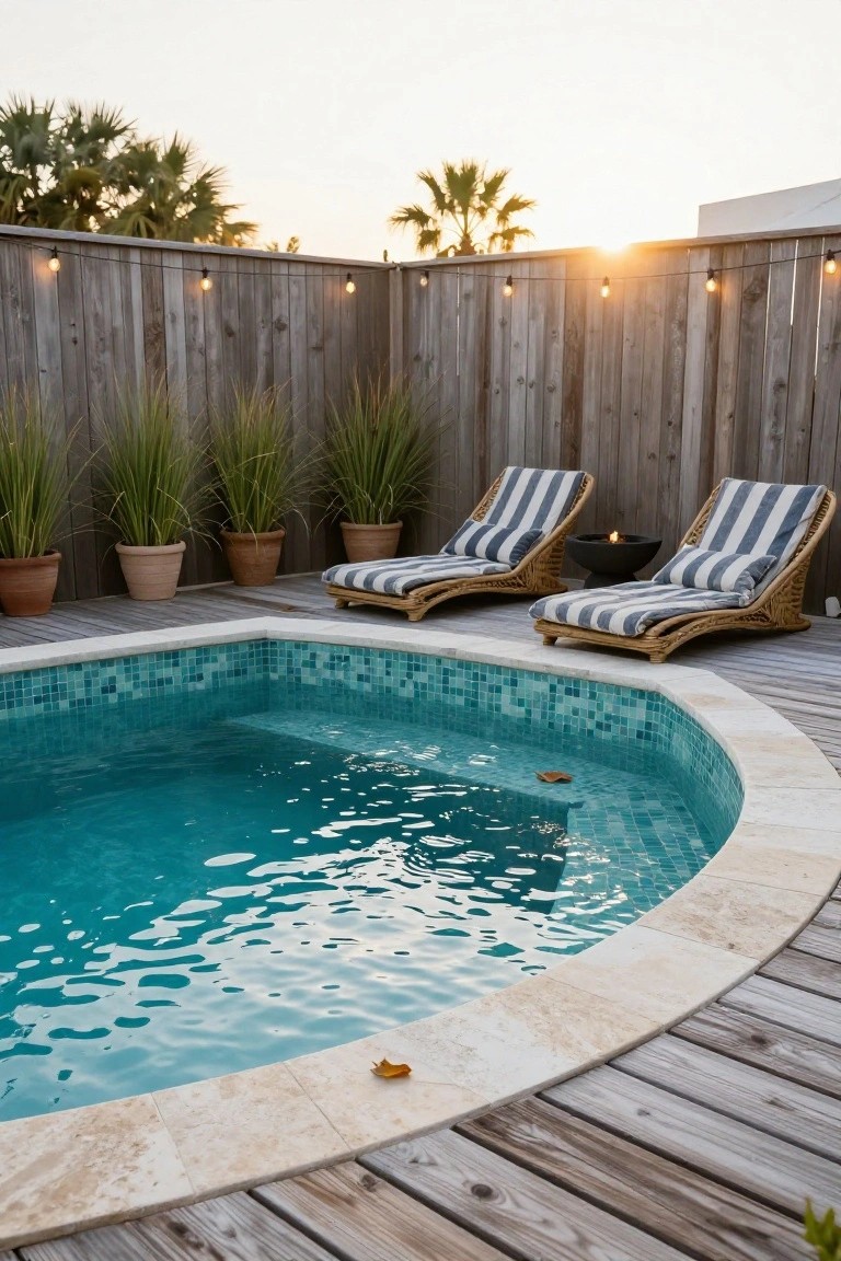 15 Fun Pool Ideas With Jacuzzi Vibes for Ultimate Comfort Small curved turquoise mosaic-tiled pool on a wooden deck surrounded by a weathered wooden fence strung with lights, two striped rattan lounge chairs with cushions, potted grasses, and a black fire pit nearby.