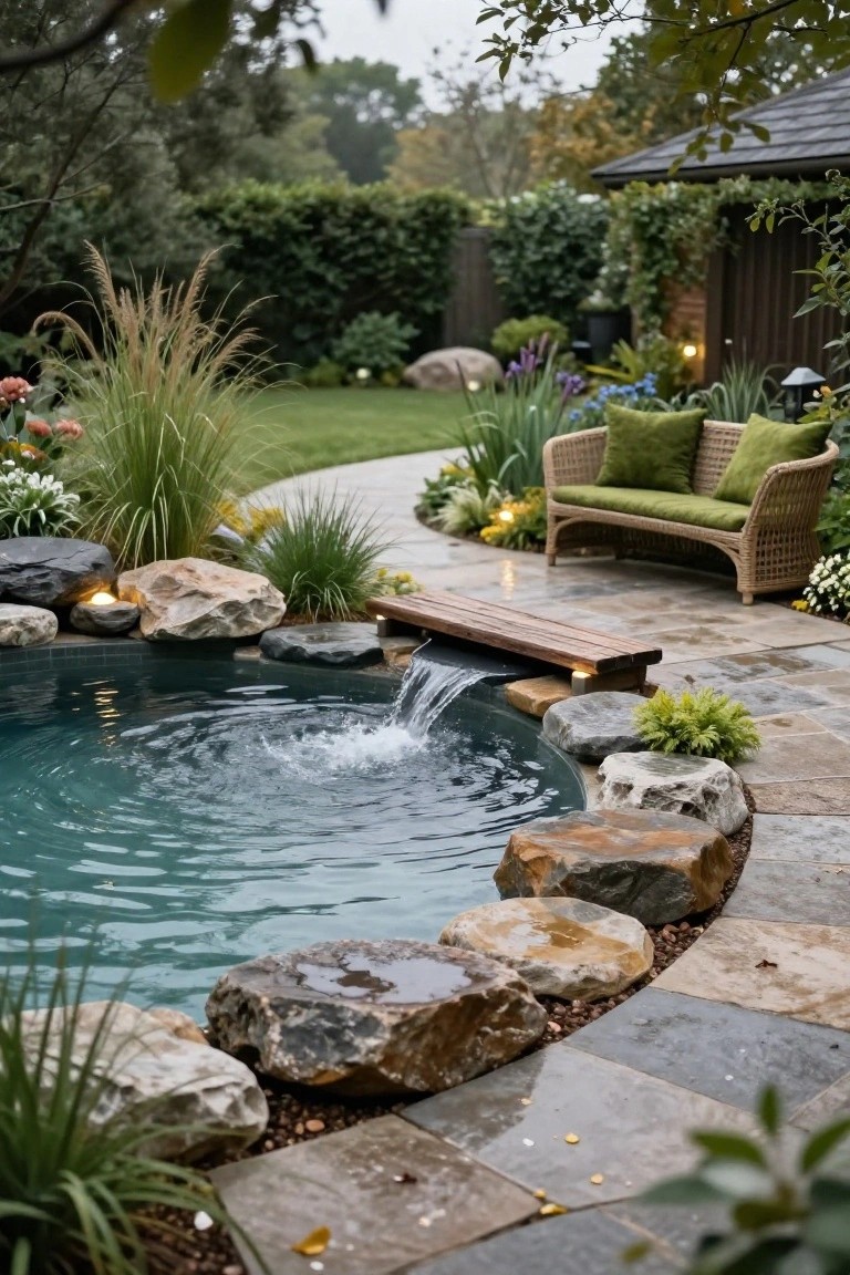 15 Fun Pool Ideas With Jacuzzi Vibes for Ultimate Comfort Small turquoise pool surrounded by natural rocks and plants on a stone patio, with water cascading from a wooden bridge into the pool center, and a green-cushioned wicker bench nearby.