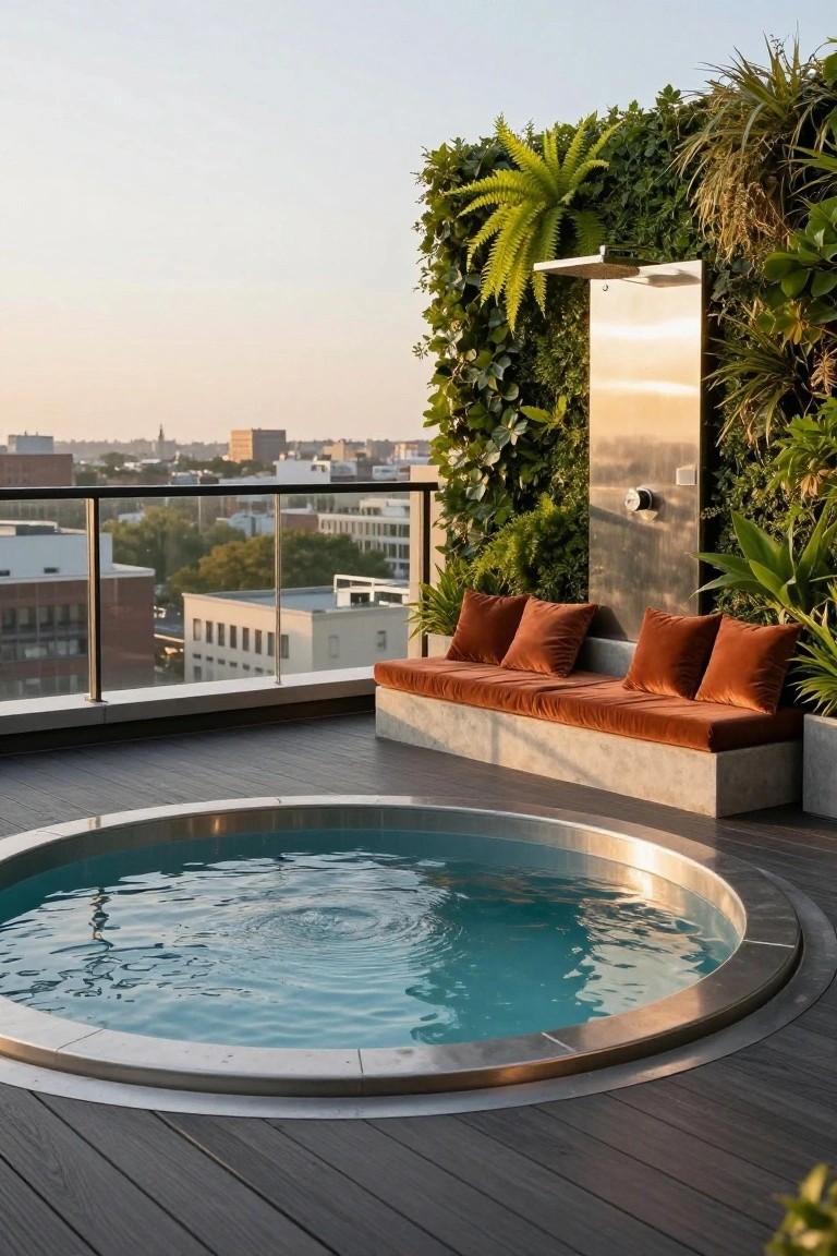 15 Fun Pool Ideas With Jacuzzi Vibes for Ultimate Comfort Round turquoise jacuzzi on dark wood rooftop deck next to built-in bench with orange cushions, stainless steel shower against vertical green plant wall, glass railing, and cityscape view.