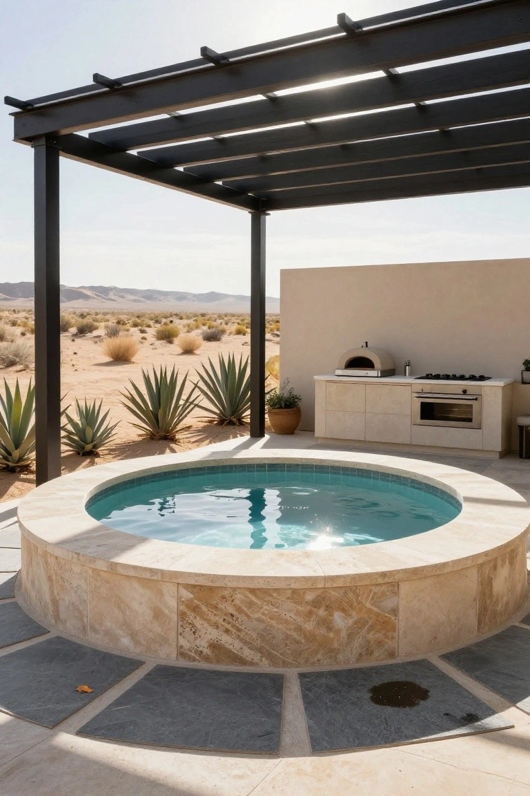 15 Fun Pool Ideas With Jacuzzi Vibes for Ultimate Comfort Circular turquoise-tiled hot tub with light travertine stone surround on a slate patio next to beige outdoor kitchen under black metal pergola amid desert dunes and agave plants.