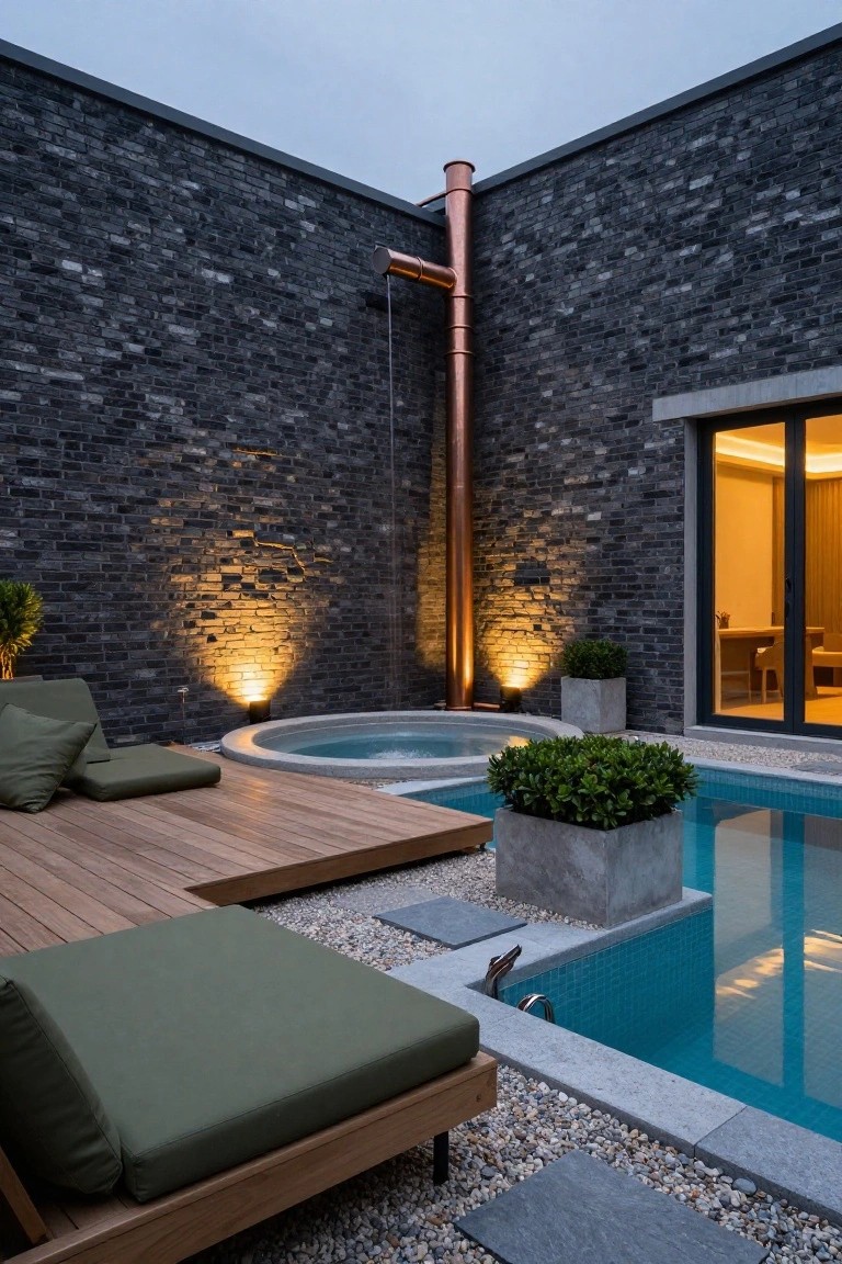 15 Fun Pool Ideas With Jacuzzi Vibes for Ultimate Comfort Raised wooden deck with round hot tub and adjacent small blue-tiled rectangular pool, green lounge chairs, black brick walls, copper downspout, potted plants, and ground lighting.