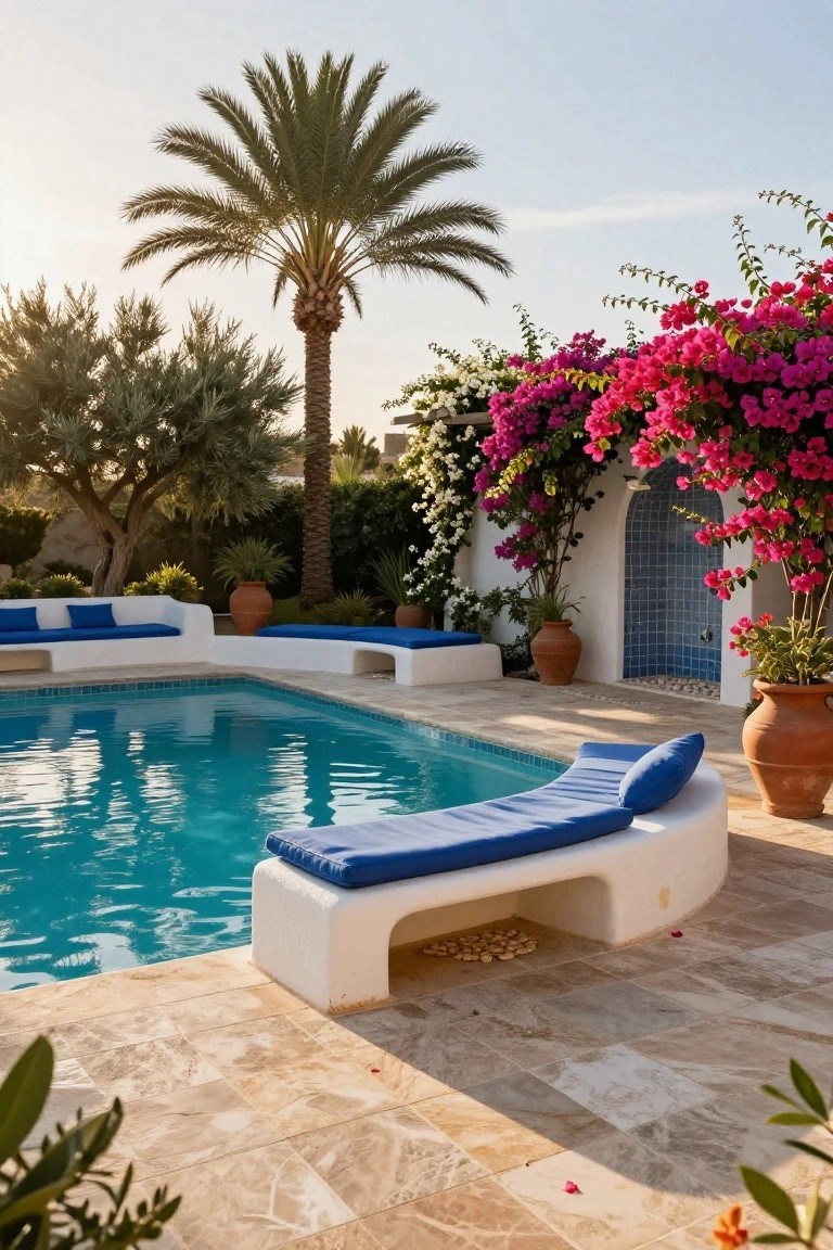 Turquoise pool with white curved built-in lounger and blue cushions at the edge, surrounded by palm trees, pink bougainvillea on white walls, olive trees, and terracotta pots on tiled decking.