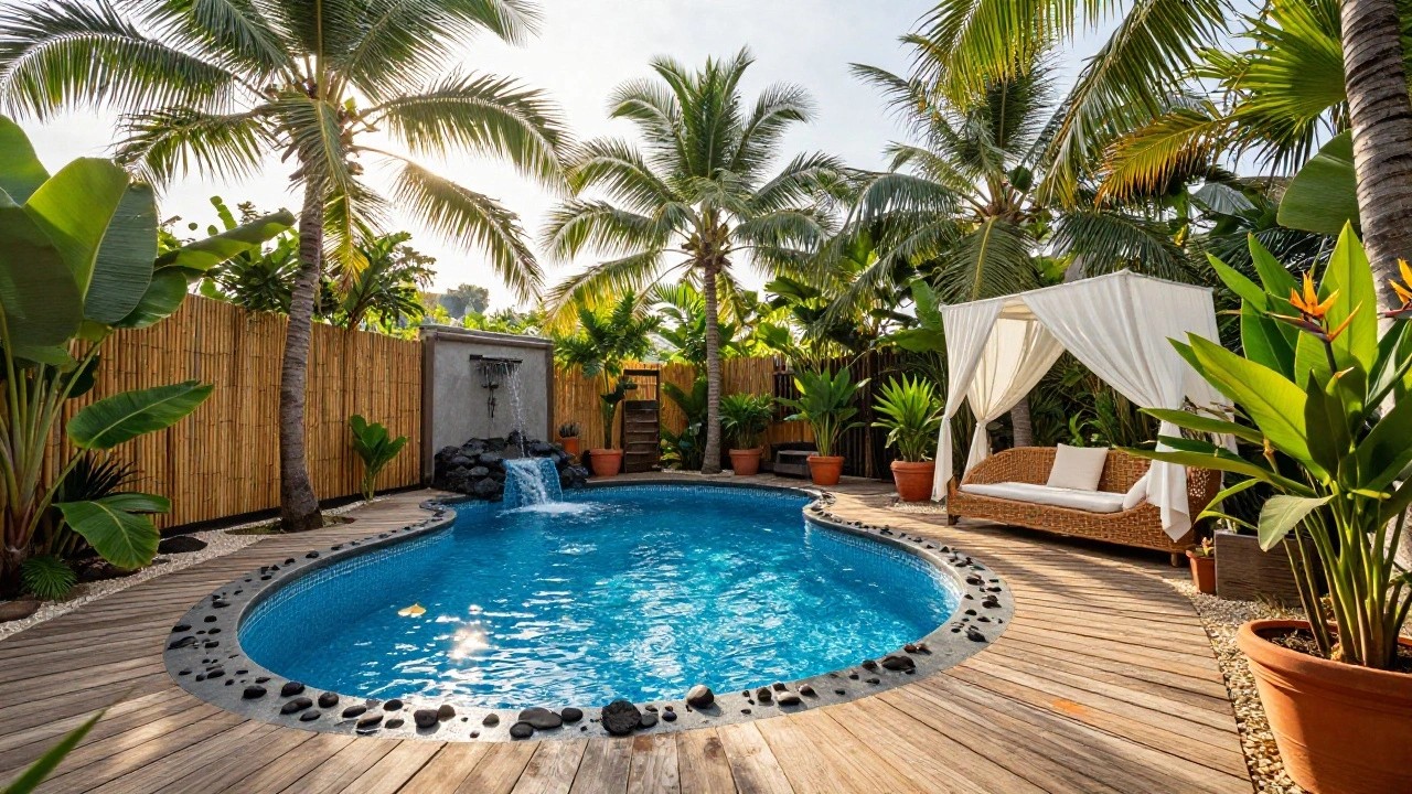 Curved blue-tiled pool with small rock waterfall, surrounded by wooden decking, rattan lounge chair and ottoman under white umbrella, bamboo-screened outdoor shower, potted red heliconia plants, large-leaf banana plants, tall palm trees, and pebble ground cover in a tropical outdoor setting.